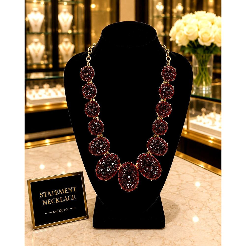 ALDO Red Druzy Statement Necklace Gold Tone Bib Necklace Ruby Red Crystal Glam